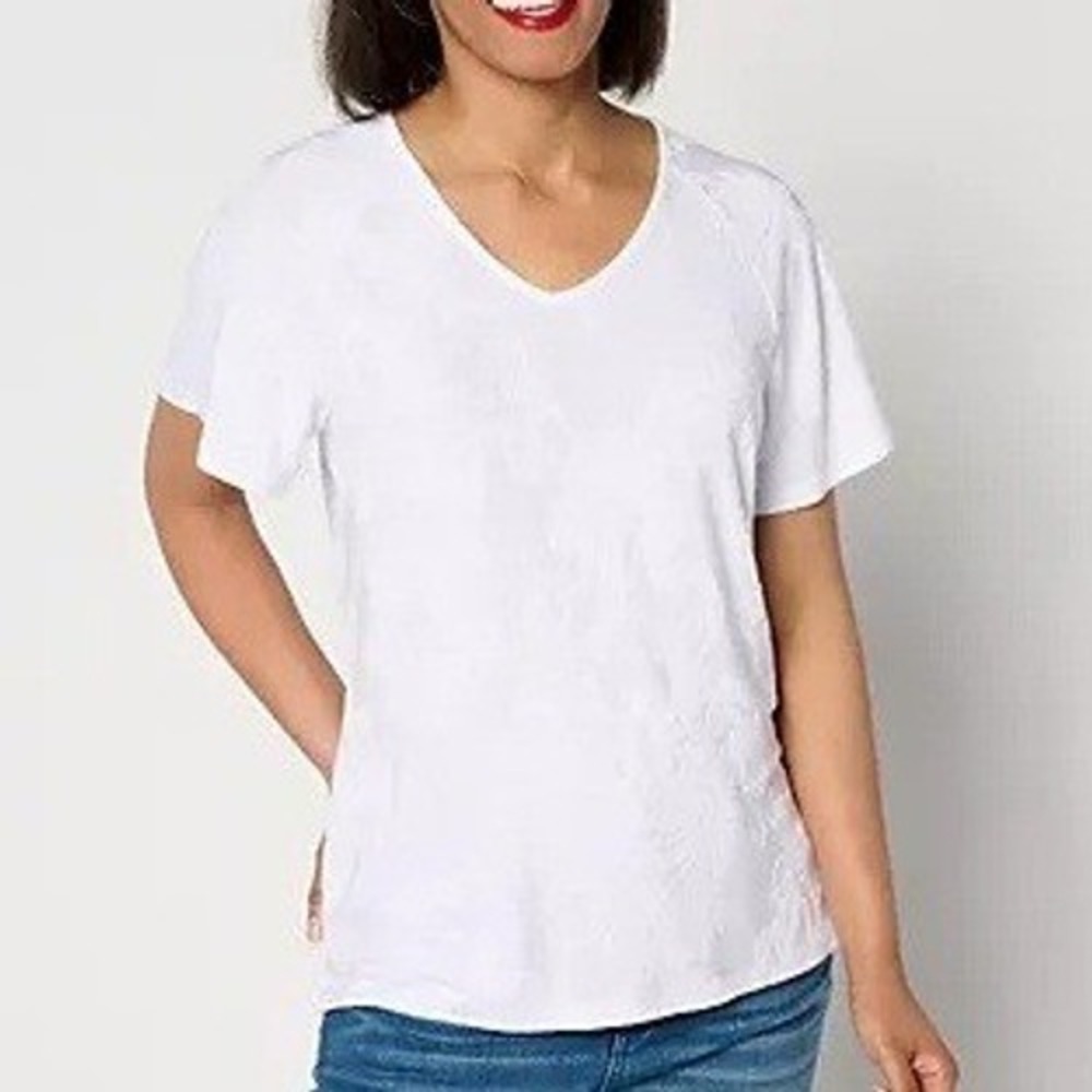 Denim‎ & Co Plus 2X White Knit Raglan Flutter-Sleeve V-Neck Top Embossed A650624